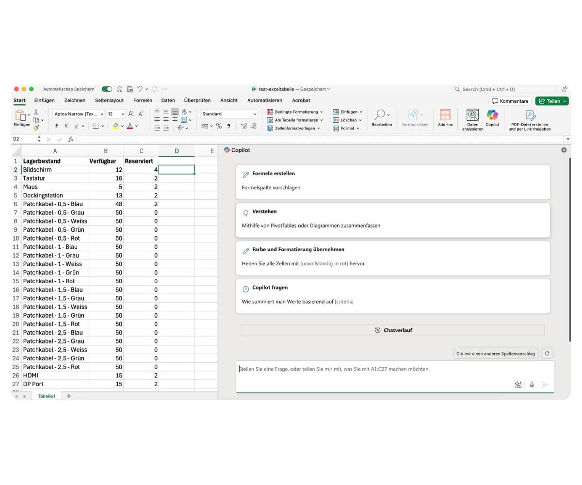 Screenshot unserer eigenen Microsoft-Umgebung - Copilot in Excel