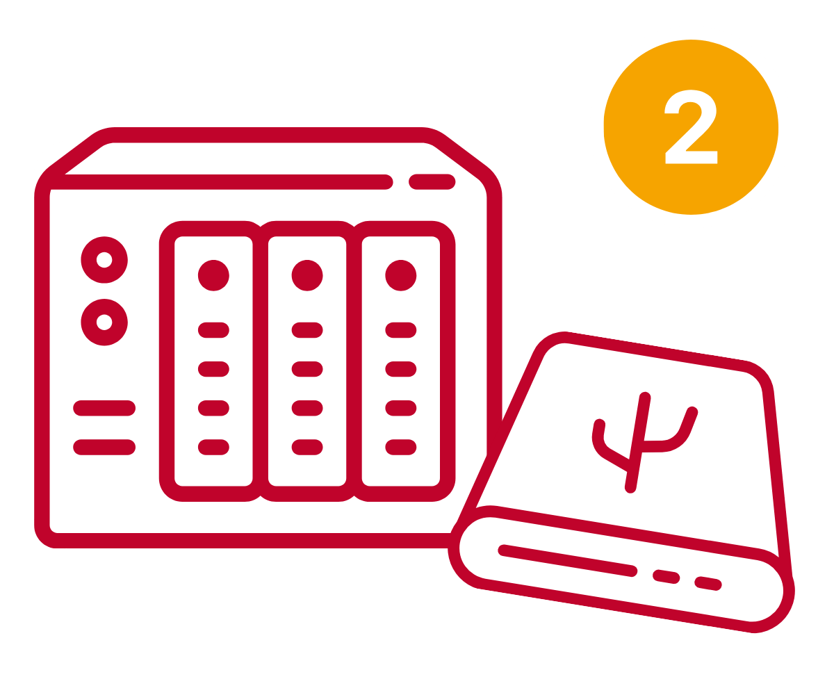Icon mit NAS-System und externer Festplatte, Symbol für zwei verschiedene Speichermedien für mehr Datensicherheit mit der Backup-Strategie von alpha 2000
