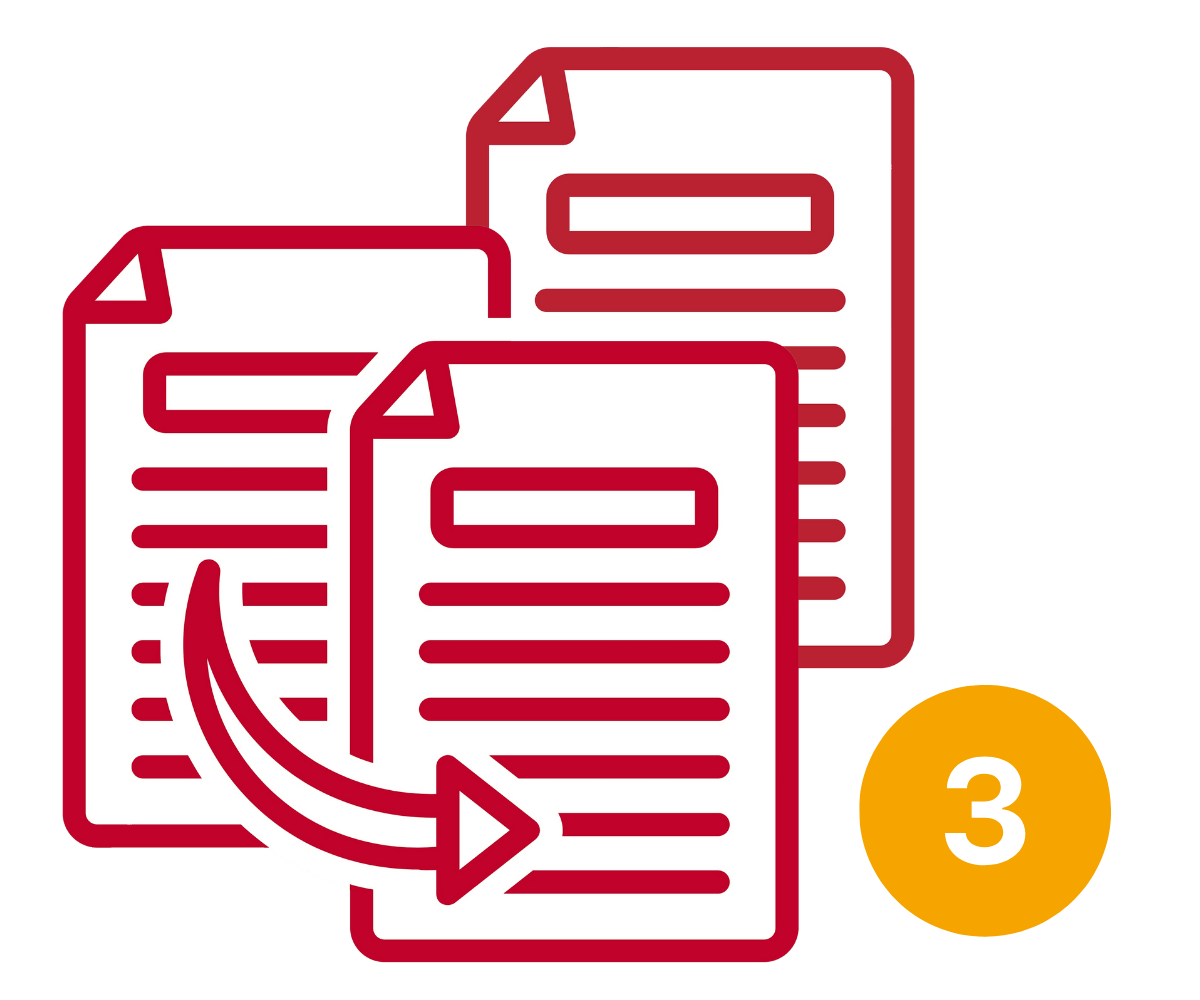 Icon mit drei Dokumenten und einer roten Pfeilbewegung, Symbol für die drei Kopien der Daten als Schutz vor Datenverlust mit dem Backup nach der 3-2-1-Regel bei alpha 2000.