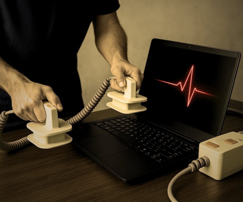 Bildsymbol für Datenrettung bei alpha 2000: Defibrillator belebt Laptop mit Herzschlag-Symbol – Metapher für Backup, Ausfallsicherheit und Schutz vor Ransomware.